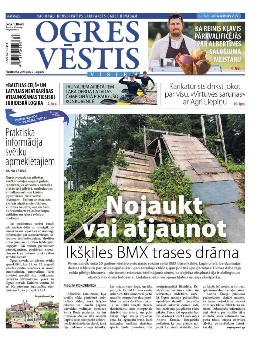 Laikraksta «Ogres Vēstis Visiem» 21. augusta numurā