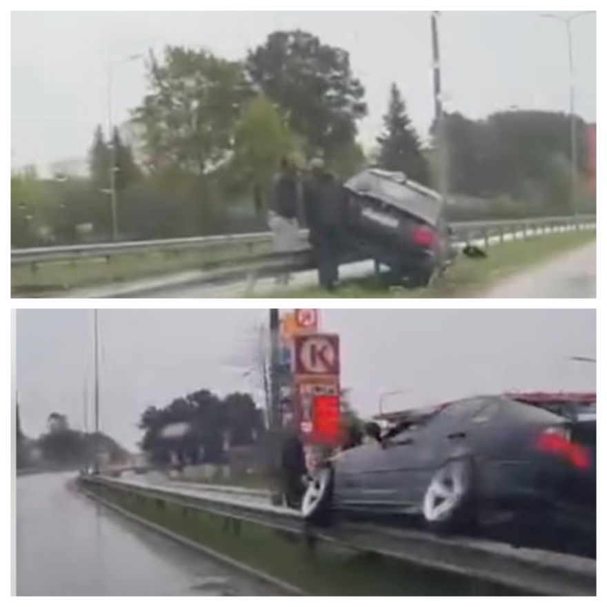 Kādam ceļš Ogrē izrādījās par šauru - auto pie "Daugas" uzbrauc barjerām 