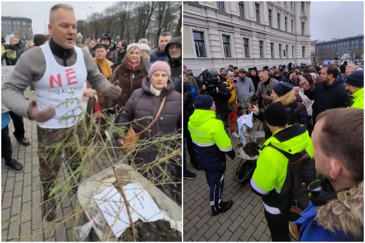 Ogres novada zemnieks Pēteris Dimants ar kūtsmēsliem un noplukušu eglīti protestē pret jaunu nodevu