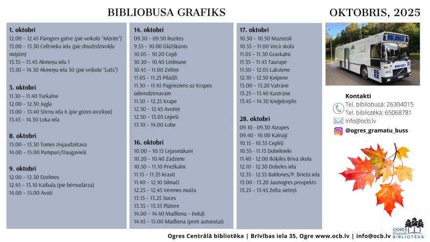 Oktobrī bibliobuss dosies divos maršrutos Ogres pilsētā un sešos - Ogres novadā