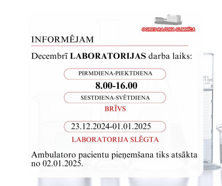 Izmaiņas Ogres rajona slimnīcas laboratorijas darba laikiem