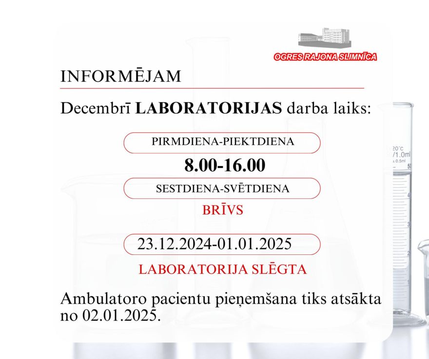 Izmaiņas Ogres rajona slimnīcas laboratorijas darba laikiem