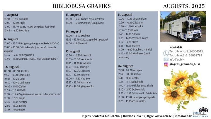 Augustā bibliobuss dosies astoņos maršrutos - divos Ogres pilsētas un sešos Ogres novada