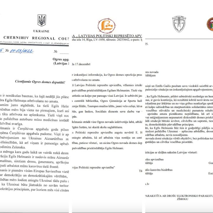 Biedrības, apvienība un Černihivas reģionālās padomes priekšsēdētājas vēstulēs pauž atbalstu Egilam Helmanim