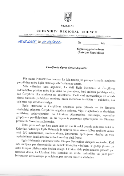 Biedrības, apvienība un Černihivas reģionālās padomes priekšsēdētājas vēstulēs pauž atbalstu Egilam Helmanim