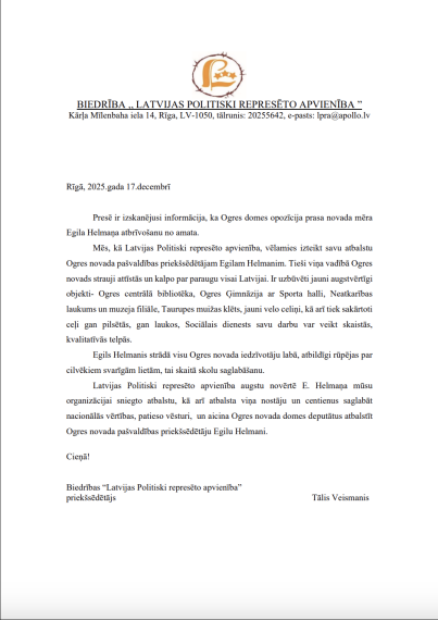 Biedrības, apvienība un Černihivas reģionālās padomes priekšsēdētājas vēstulēs pauž atbalstu Egilam Helmanim