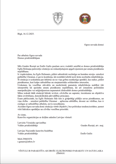 Biedrības, apvienība un Černihivas reģionālās padomes priekšsēdētājas vēstulēs pauž atbalstu Egilam Helmanim