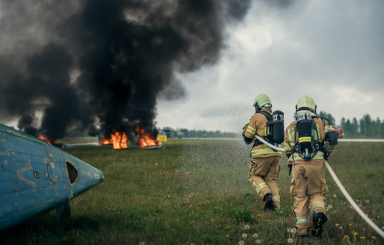 FOTO: Holivudas filmu cienīgi skati Lielvārdē: dienesti glābj cilvēkus inscenētā aviokatastrofā